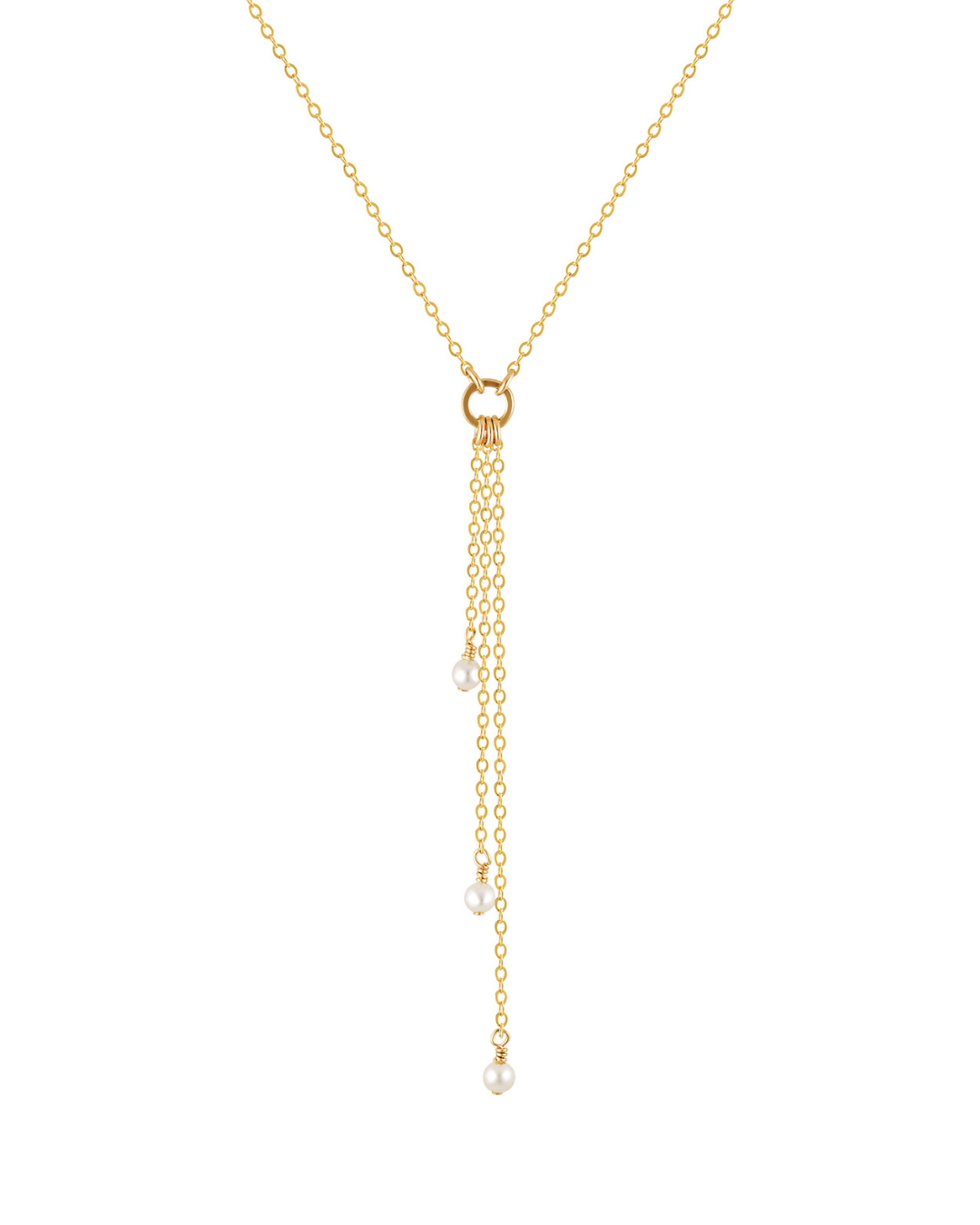 Gold chain necklace with gold and pearls on white background.