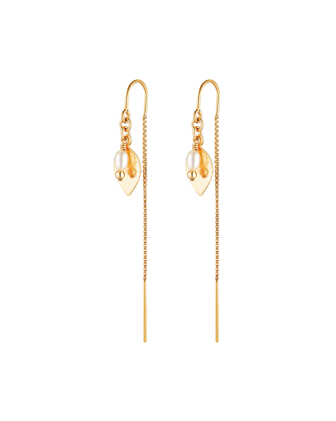 Gold chain with pearl thread through earring son white background.