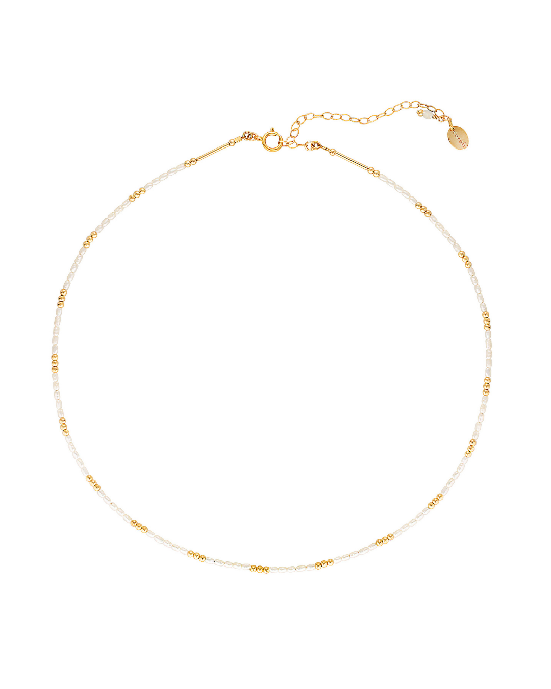 Gold and pearl beaded necklace on white background.