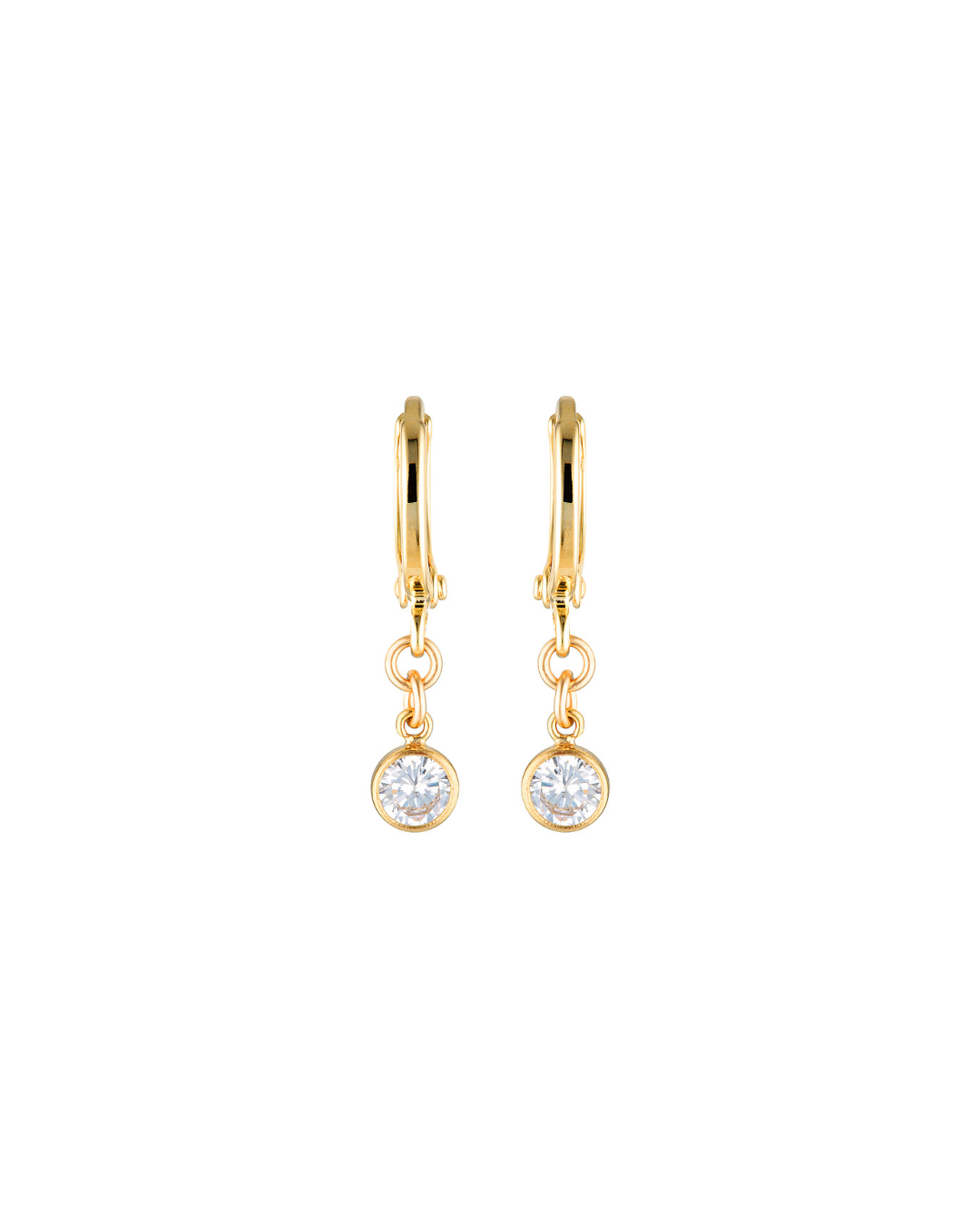 Gold hoop earrings with Cubic Zirconia drops on white background.