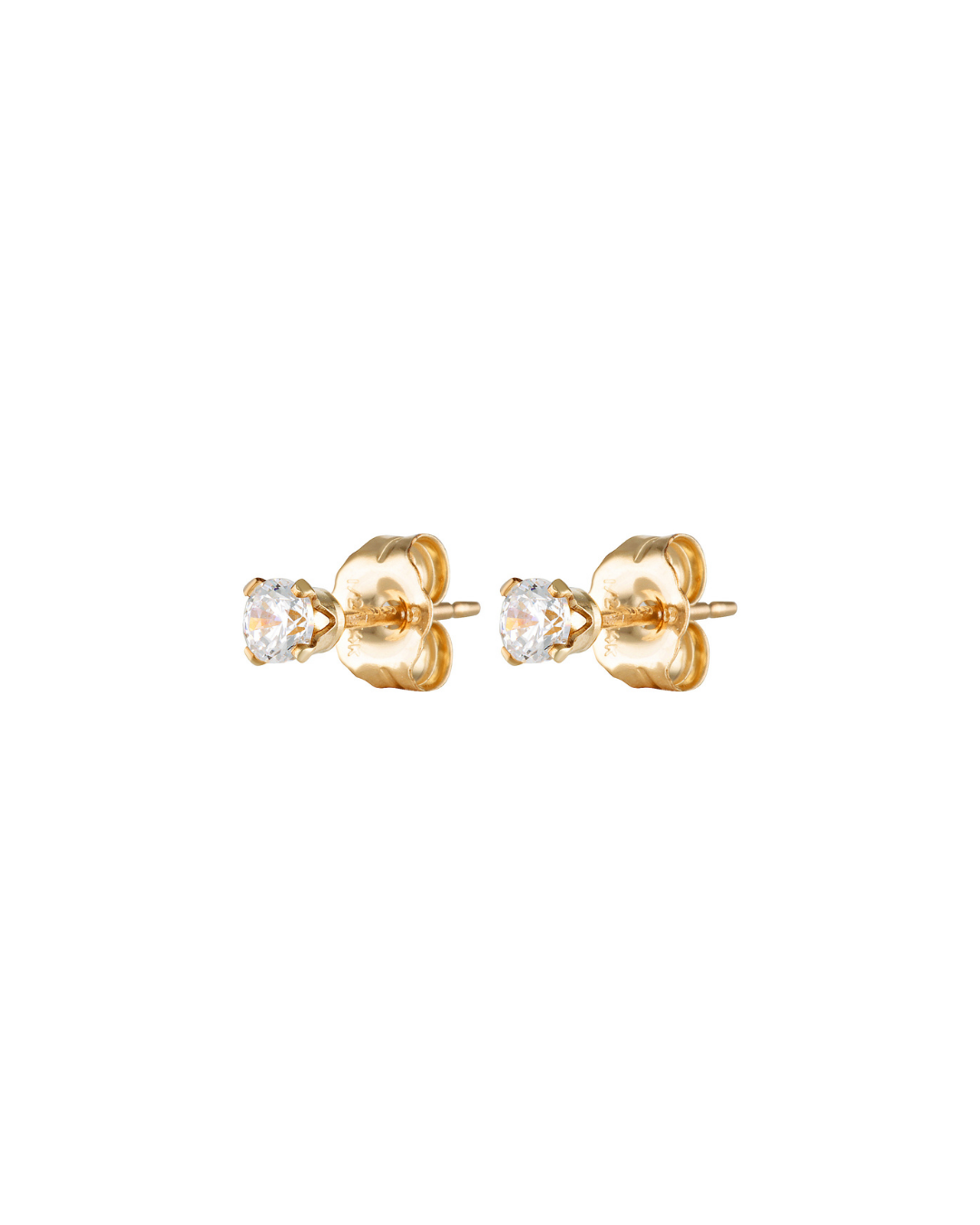 Gold earrings with Cubic Zirconia studs on a white background