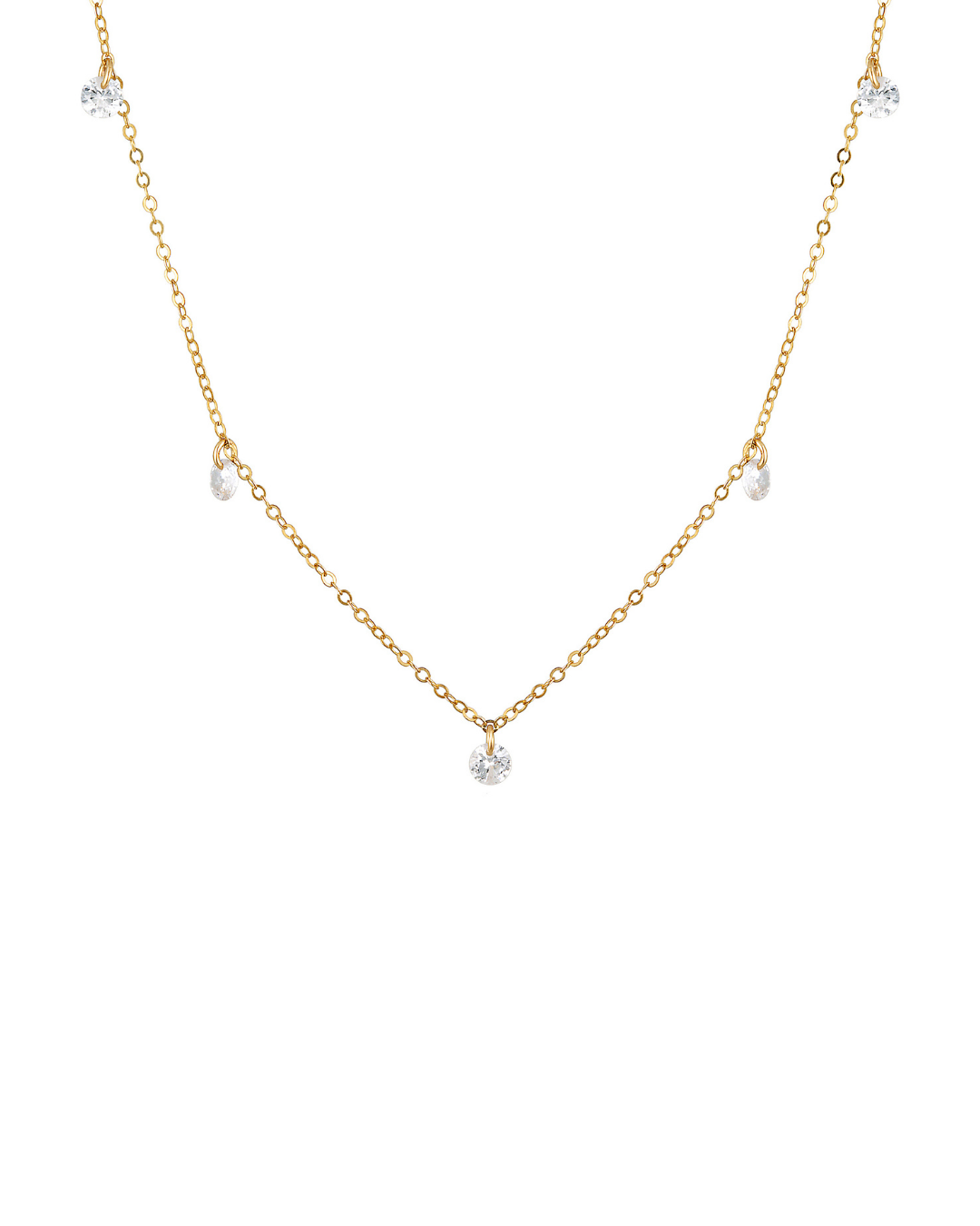 Gold necklace with cubic zirconia on a white background