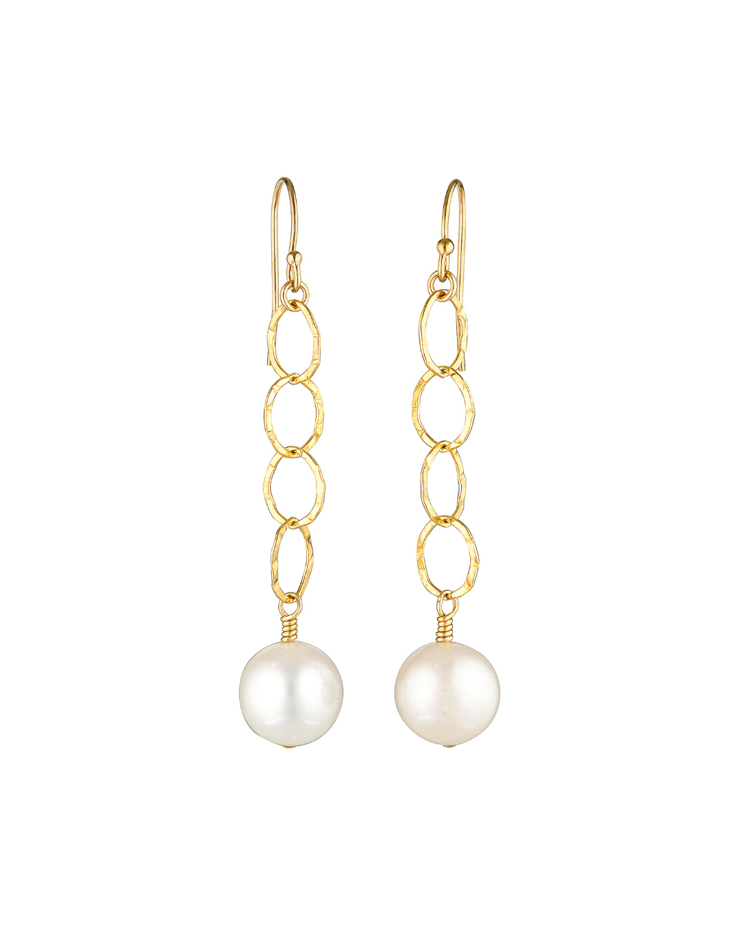 Gold chain earrings with pearl drops on a white background
