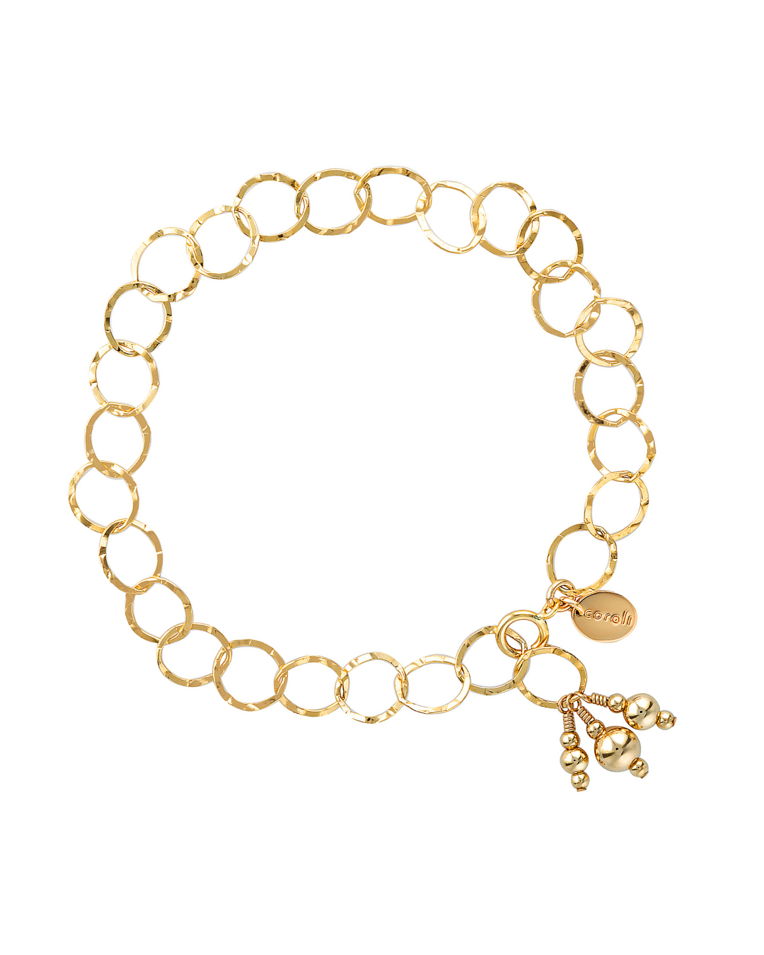 Gold chain bracelet with a small charm on a white background