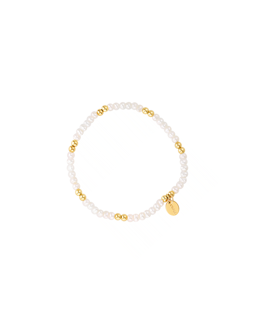 Bracelet with pearl beads and gold accents on a white background