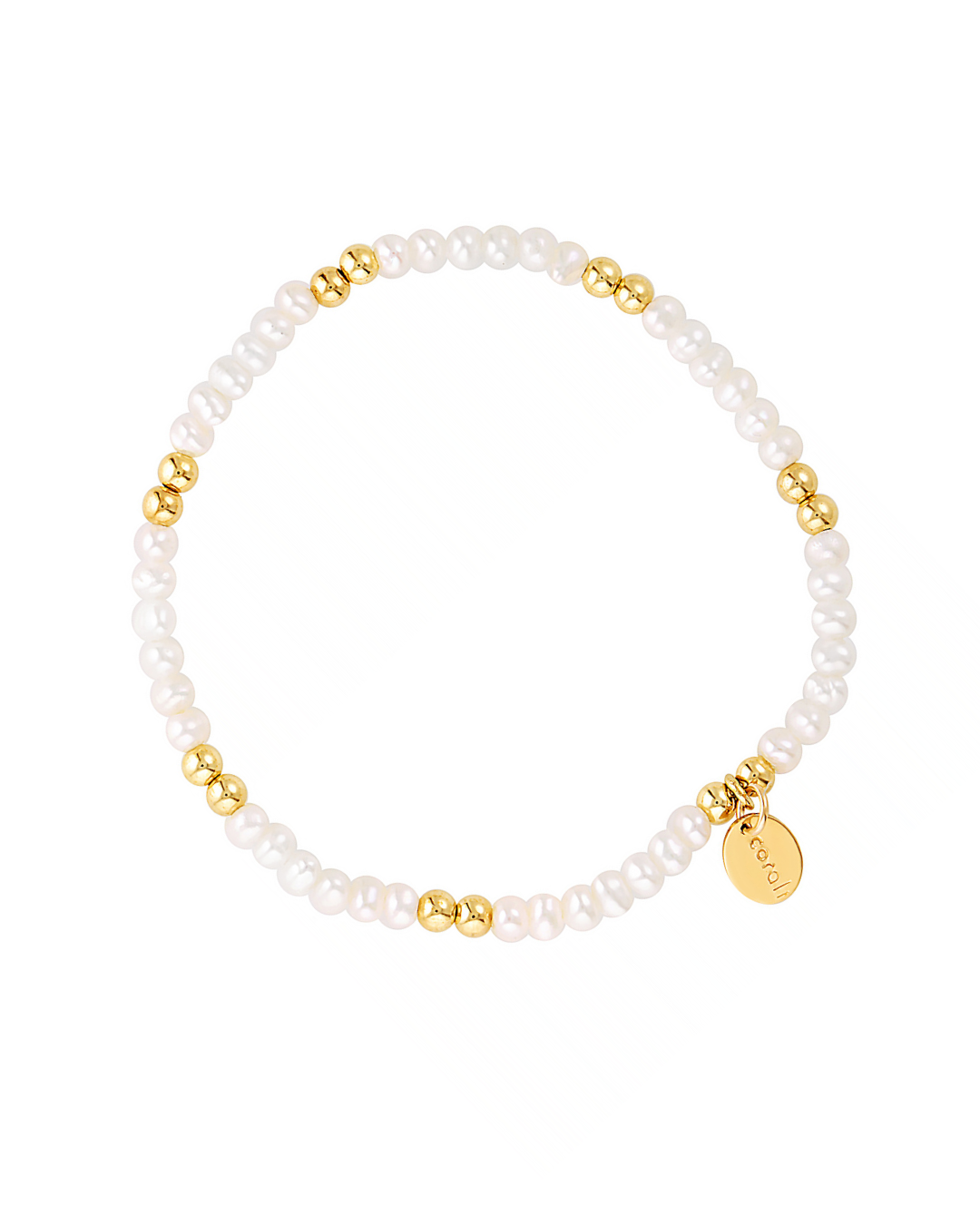 Bracelet with pearl beads and gold accents on a white background