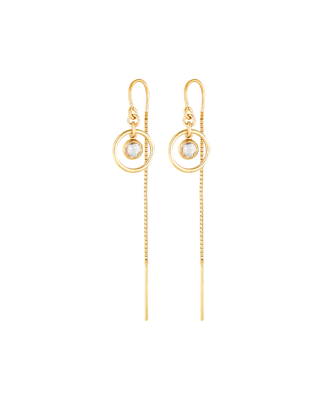 Gold earrings with circular designs and cubic zirconia on a white background