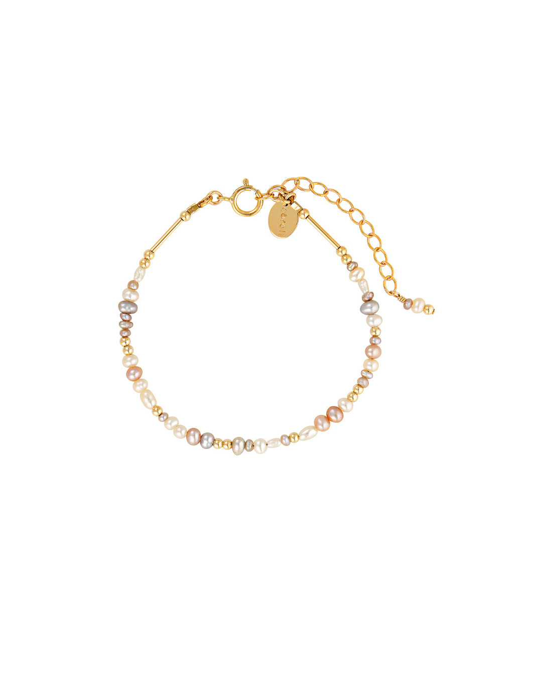 Pearl bracelet with small gold accent beads on a white background