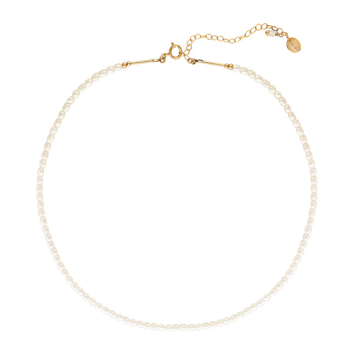 Pearl necklace with gold clasp on a white background