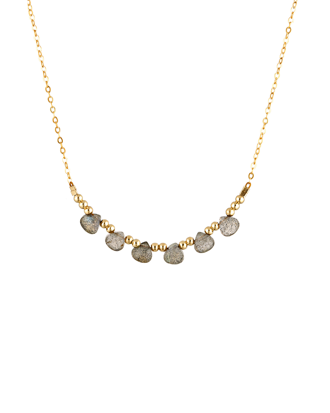 Gold necklace with small tear drop labradorite gemstones and gold beads on a white background
