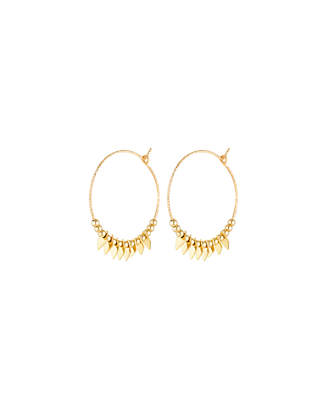 Gold hoop earrings with gold beads and diamond-shaped charms suspended on a white background
