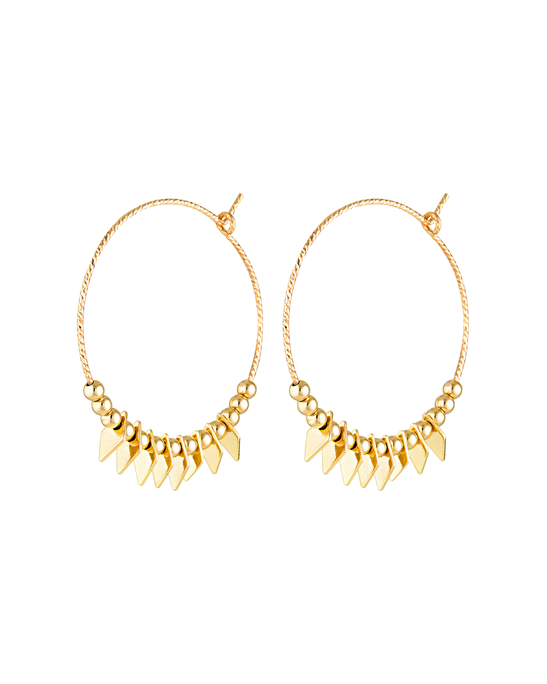 Gold hoop earrings with fringe design on a white background