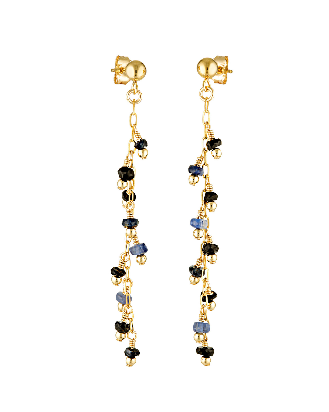 Gold earrings with sapphire gemstones on a white background