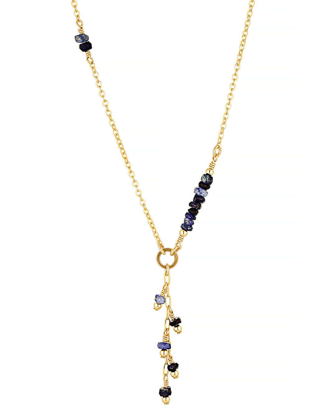 Gold necklace with sapphire beads on a white background
