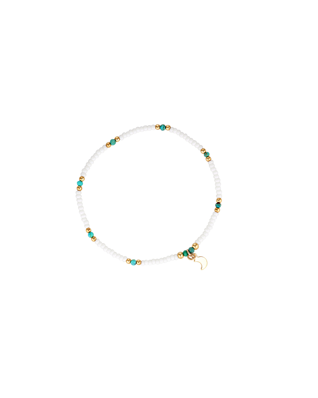 Bracelet with small gold and white glass seed beads with turquoise gemstones on a white background