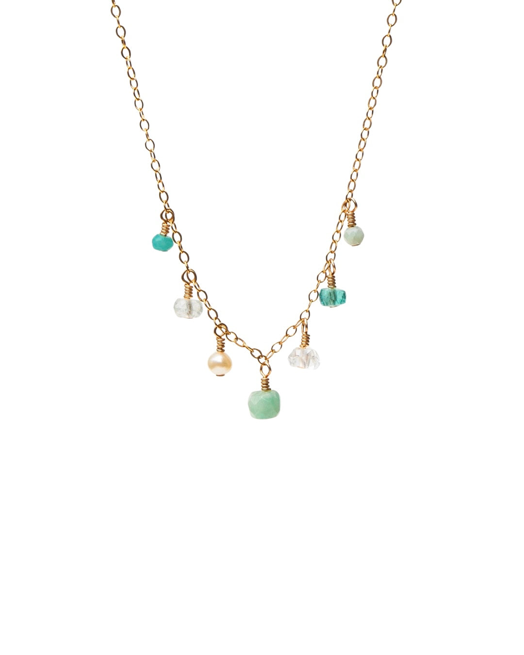 Necklace with gemstones and pearl on a gold chain against a white background