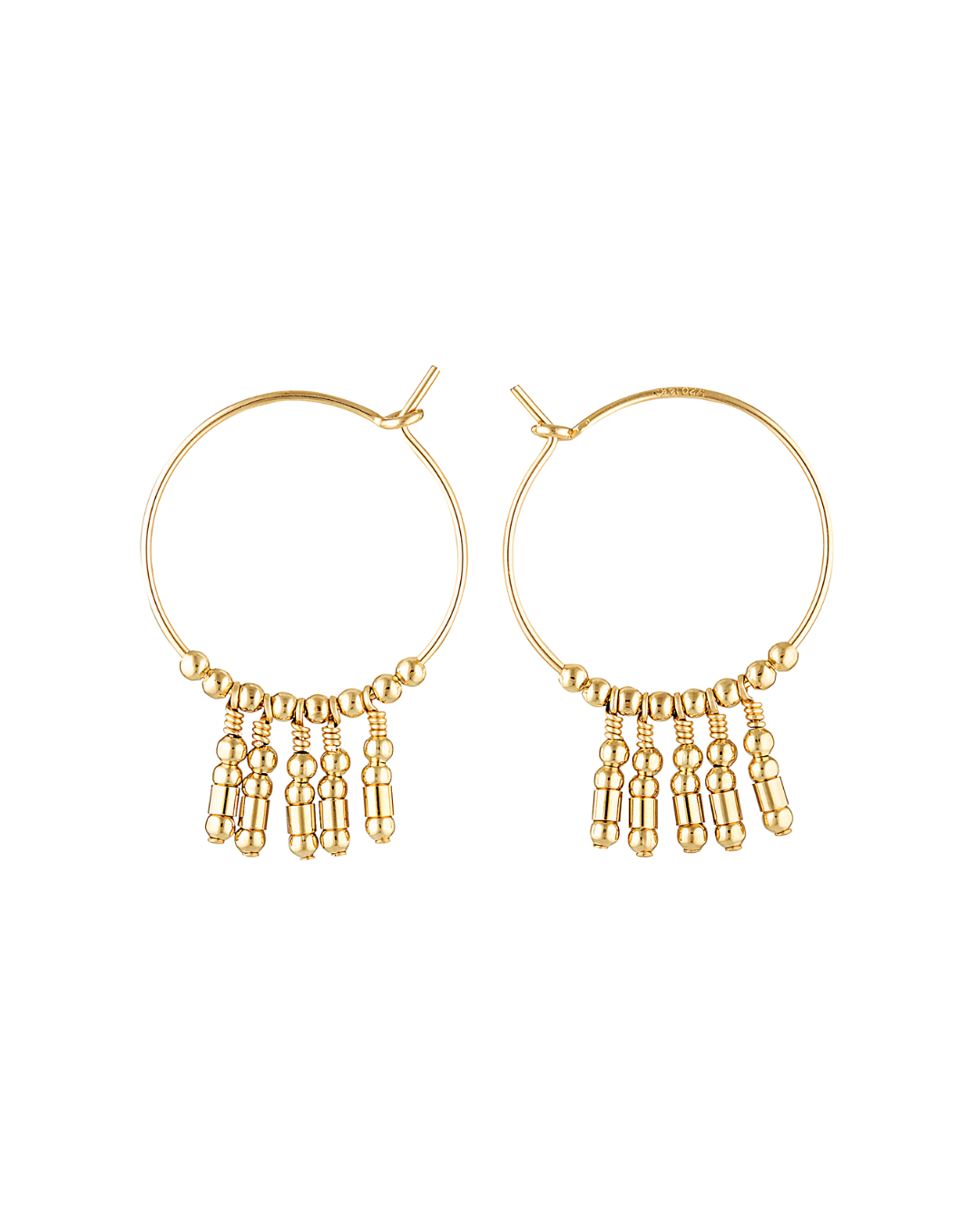 Gold hoop earrings with bead fringe on a white background