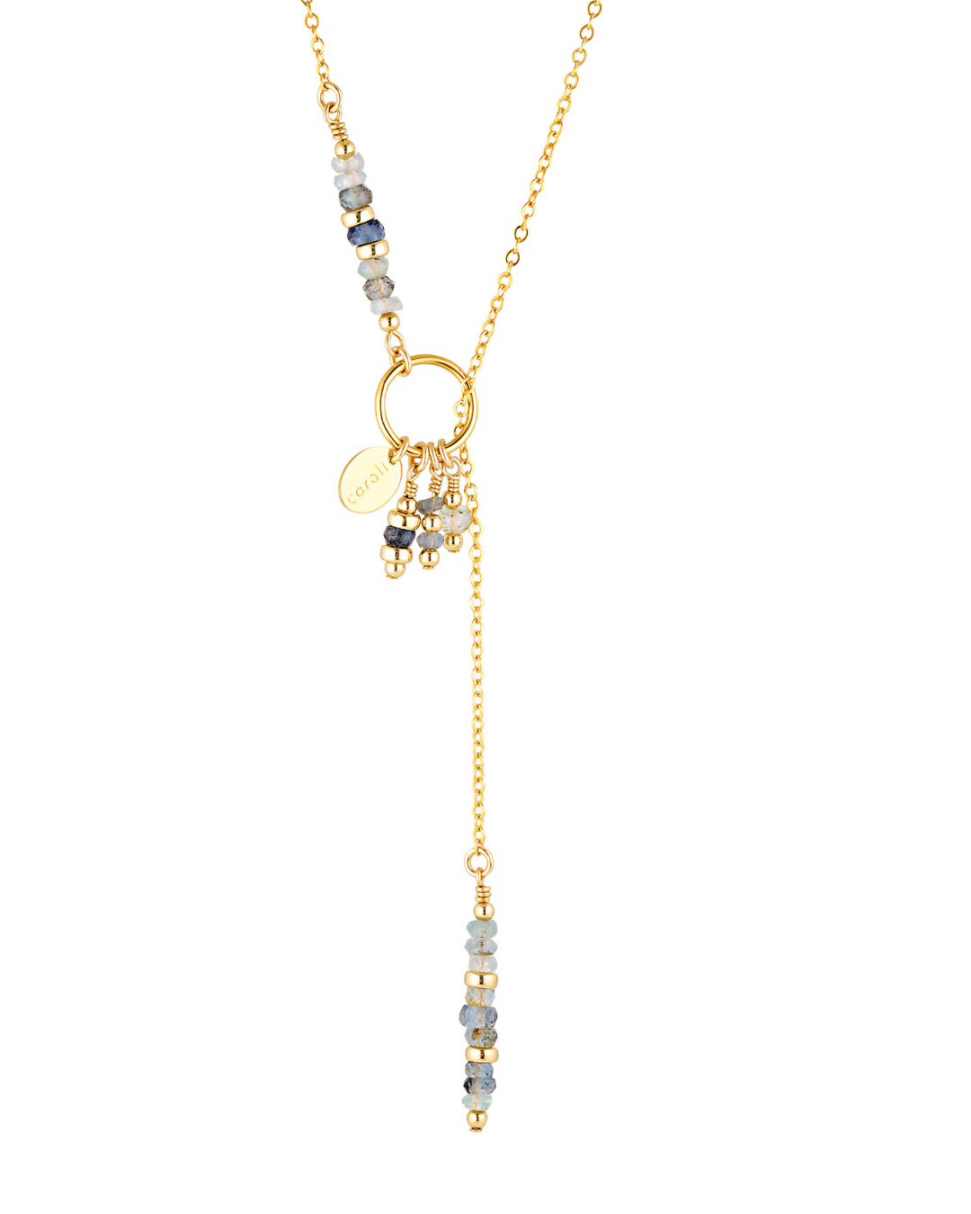 Gold necklace with aquamarine beads and charms on a white background