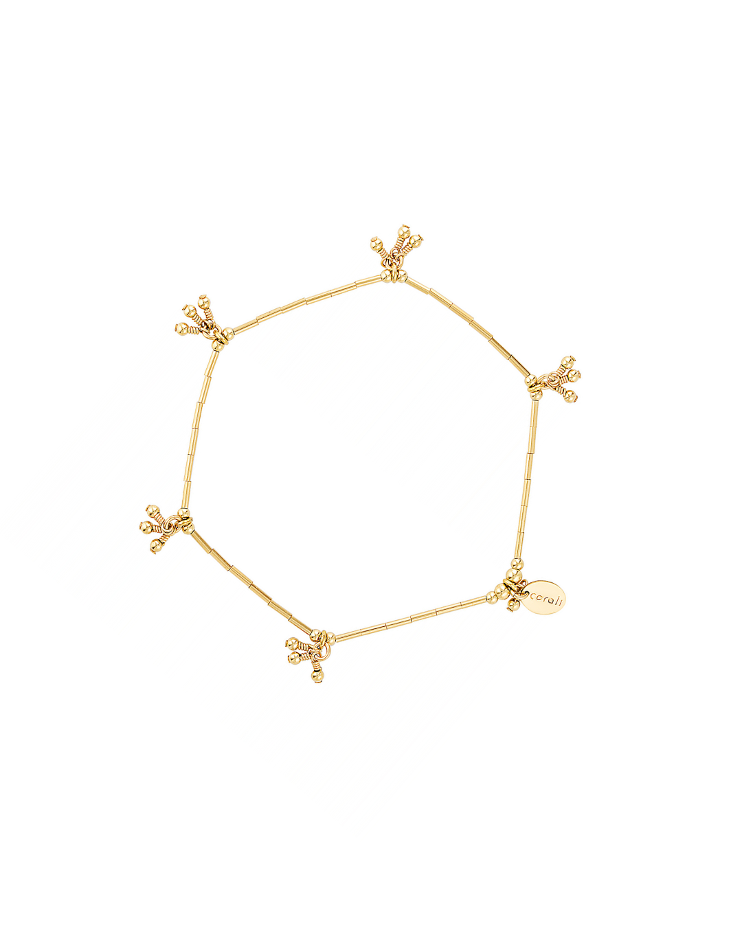 Gold beaded bracelet on a white background