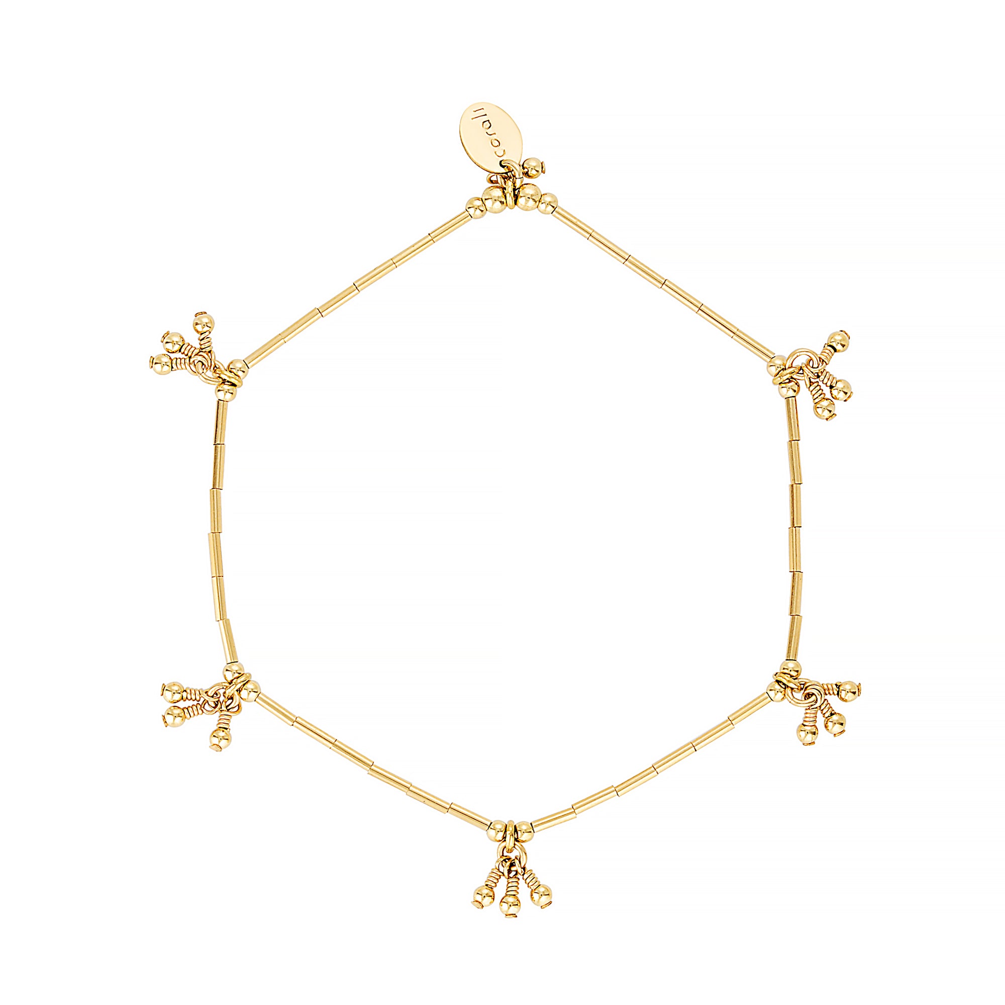 A 14Kt gold filled bracelet with intricate design, featuring individually wrapped gold accent beads and finished with a petite Corali charm.