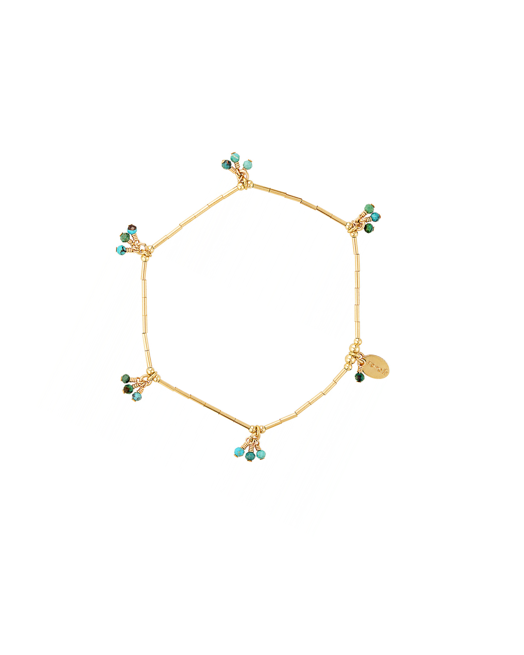 Gold bracelet with turquoise gemstone tassels on a white background