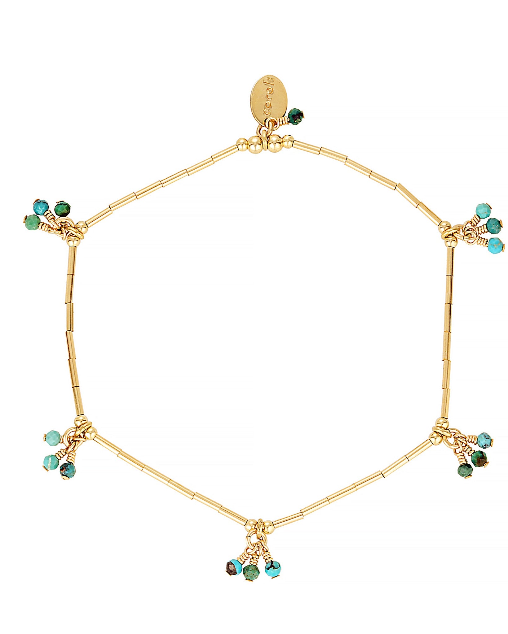 Gold beaded and turquoise gemstone bracelet on white background.