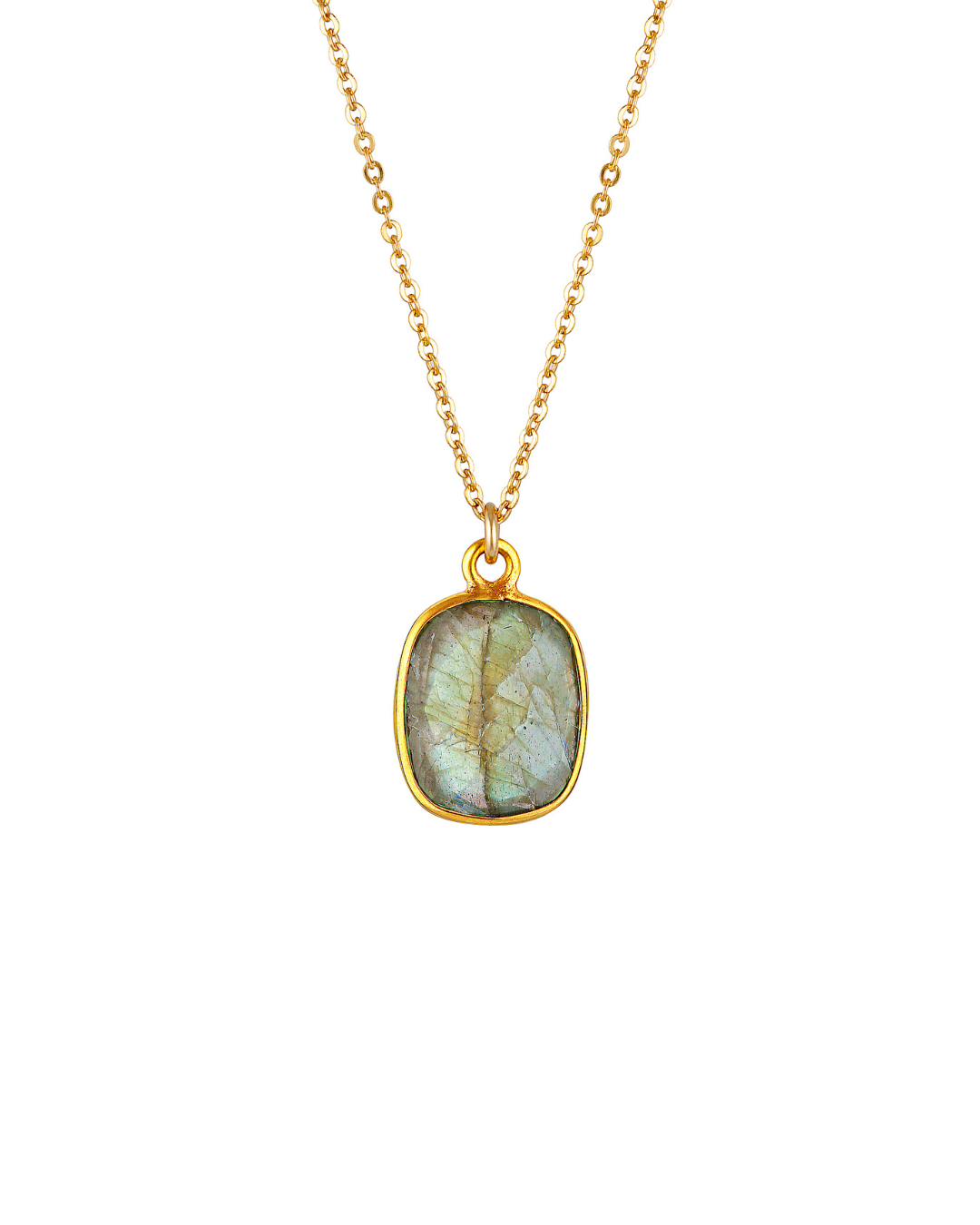 Necklace with a green labradorite gemstone pendant on a white background