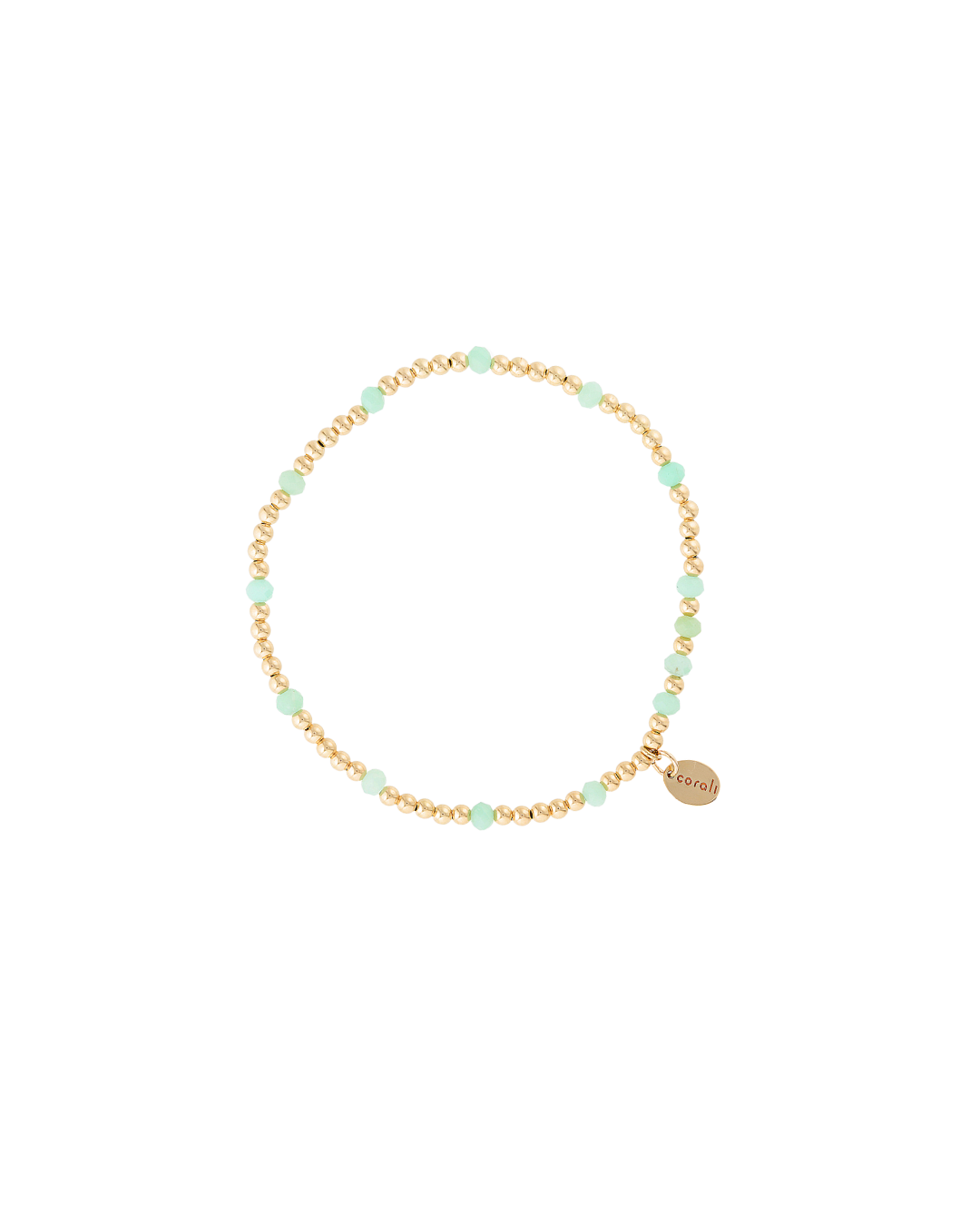 Gold beaded bracelet with chrysoprase gemstones on a white background