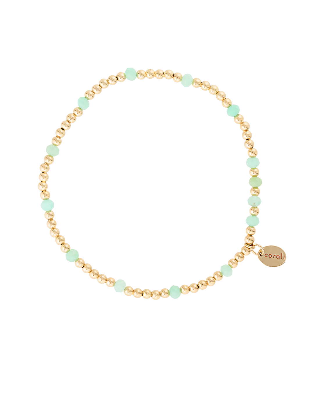Gold and chrysoprase beaded bracelet on a white background