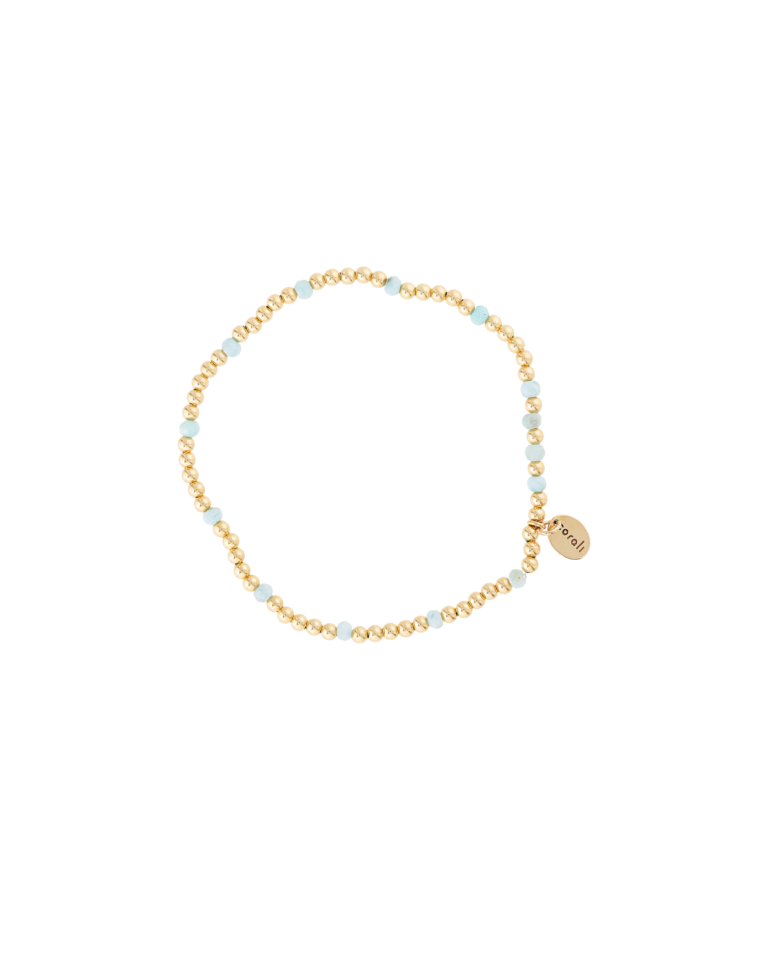 Gold beaded bracelet with larimar gemstones on a white background