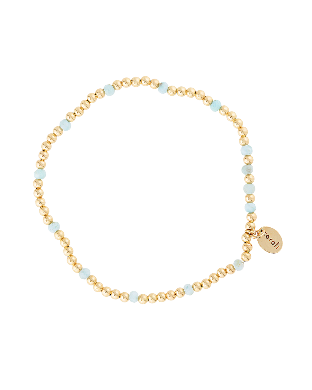 Gold beaded bracelet with larimar gemstones on a white background.