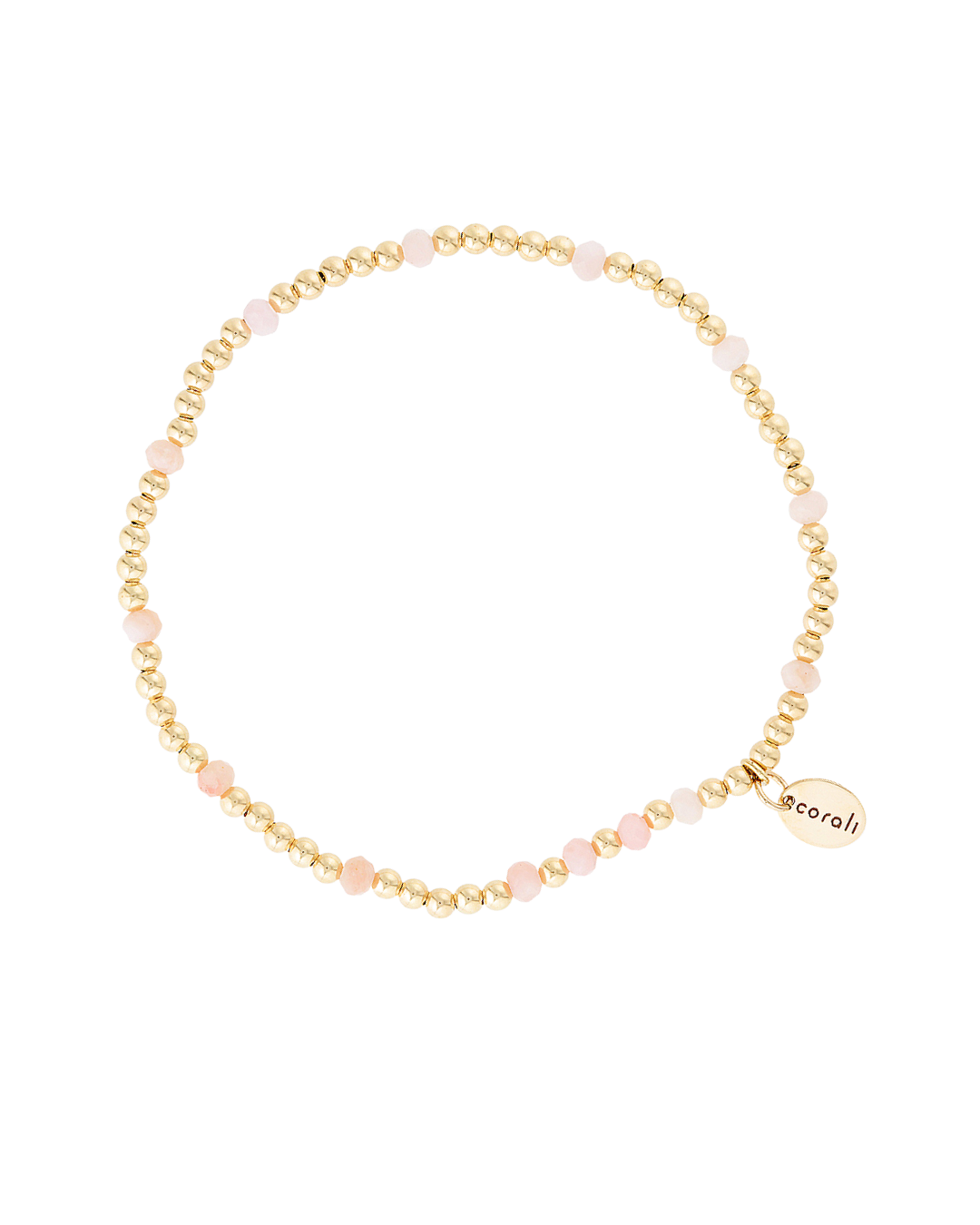 Gold beaded and pink peruvian opal gemstone bracelet on a white background