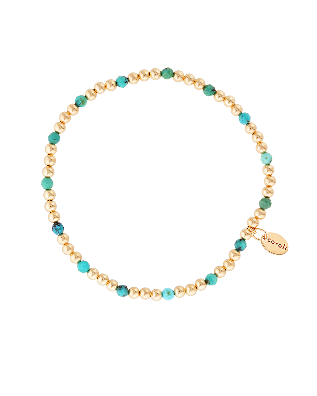 Beaded necklace with gold and turquoise beads on a white background