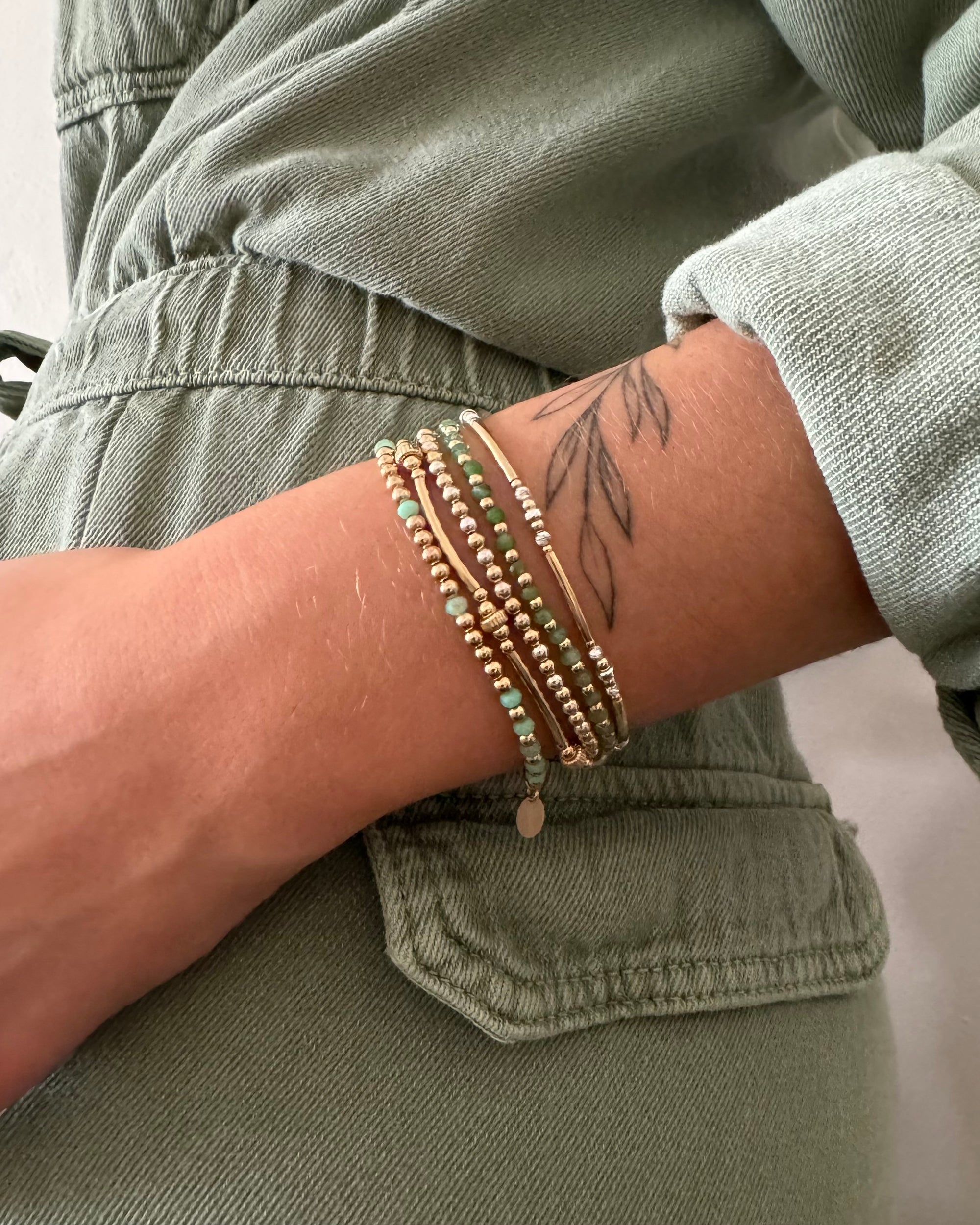 gold beaded bracelet with chrysoprase