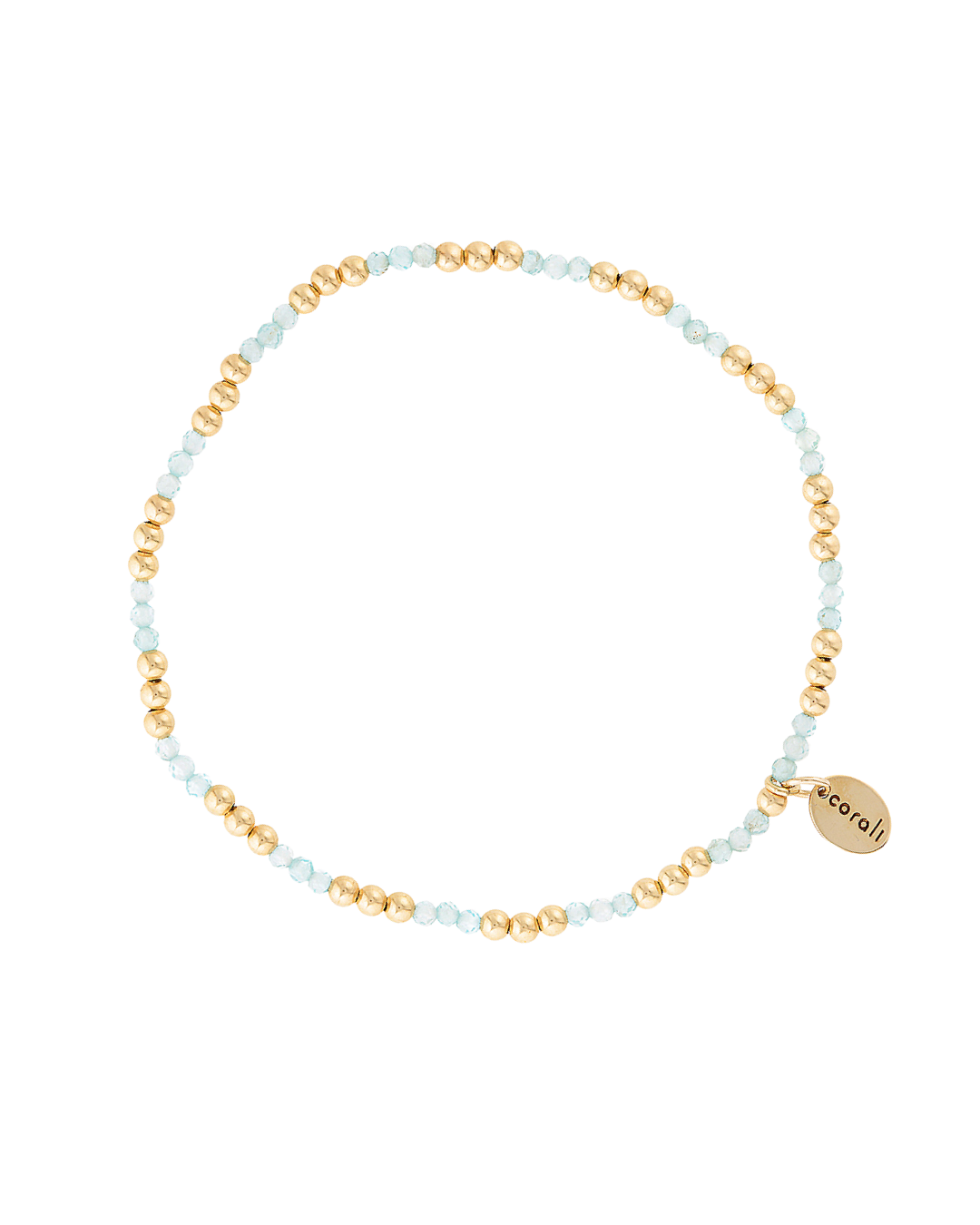 Bracelet with gold and light blue apatite beads on a white background