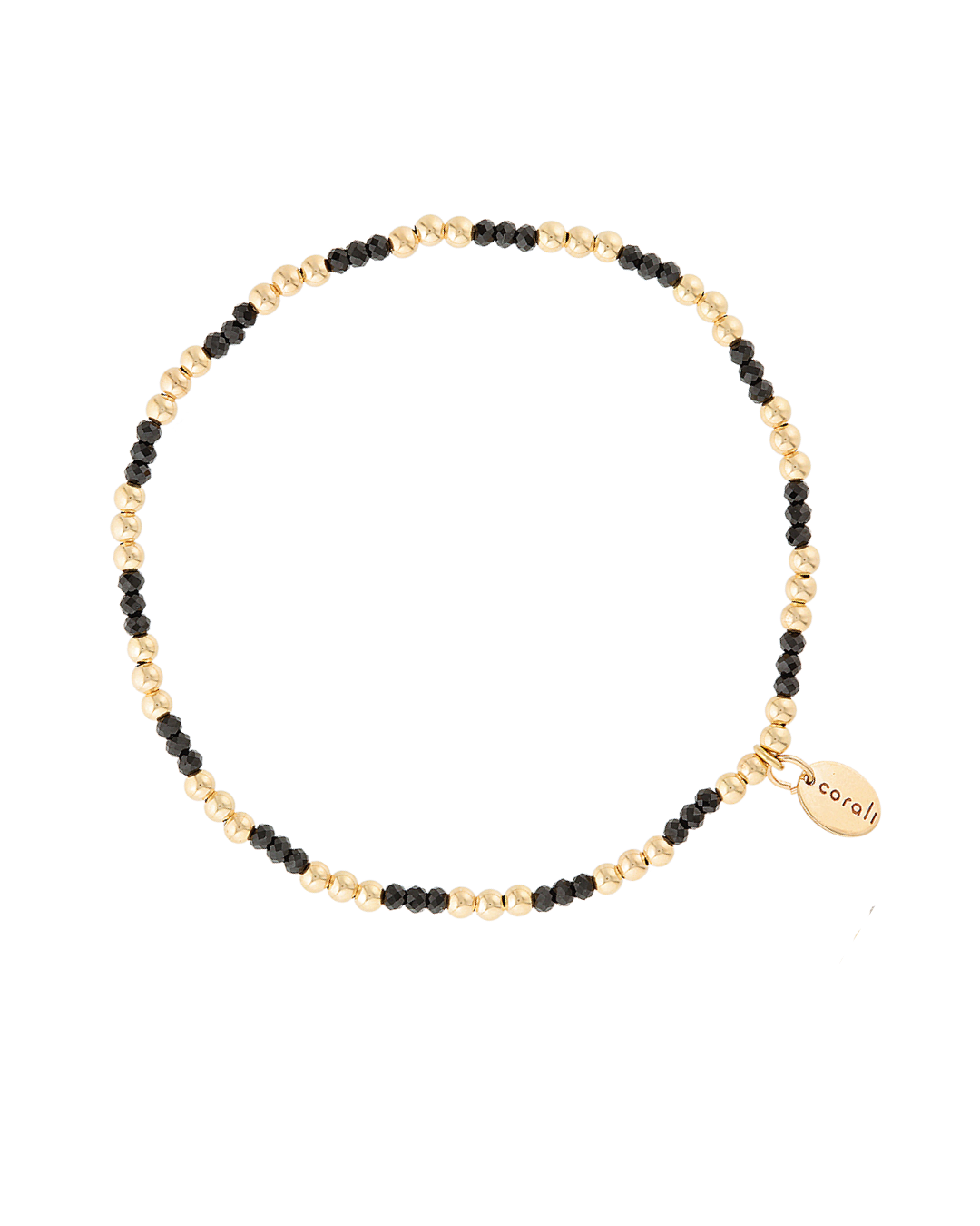 Beaded bracelet with gold and black spinel beads on a white background