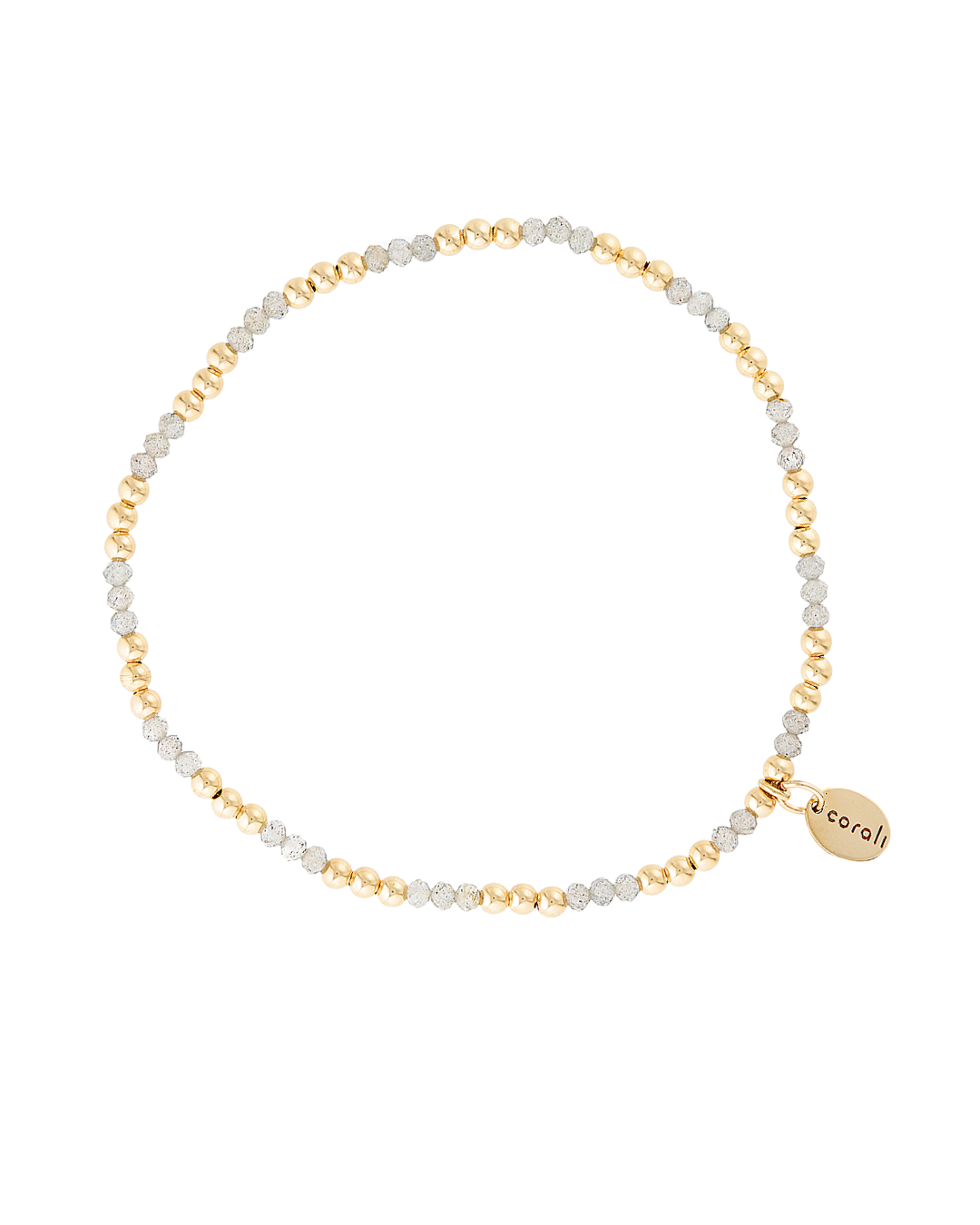 Beaded bracelet with gold and blue labradorite beads on a white background