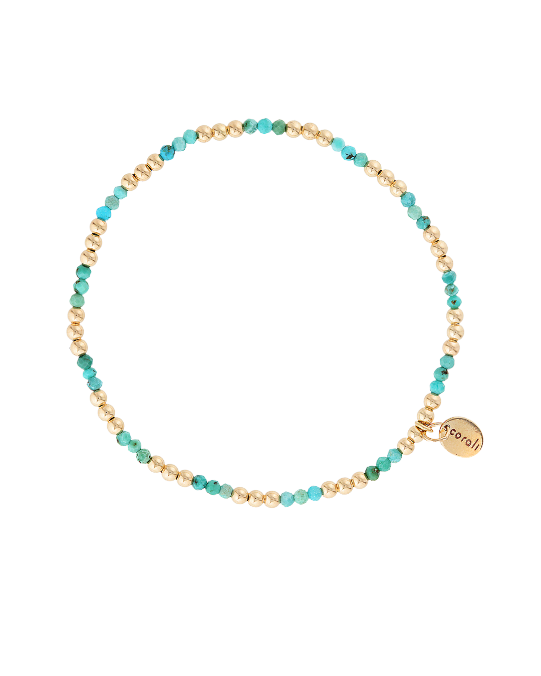 Beaded necklace with gold and turquoise beads on a white background