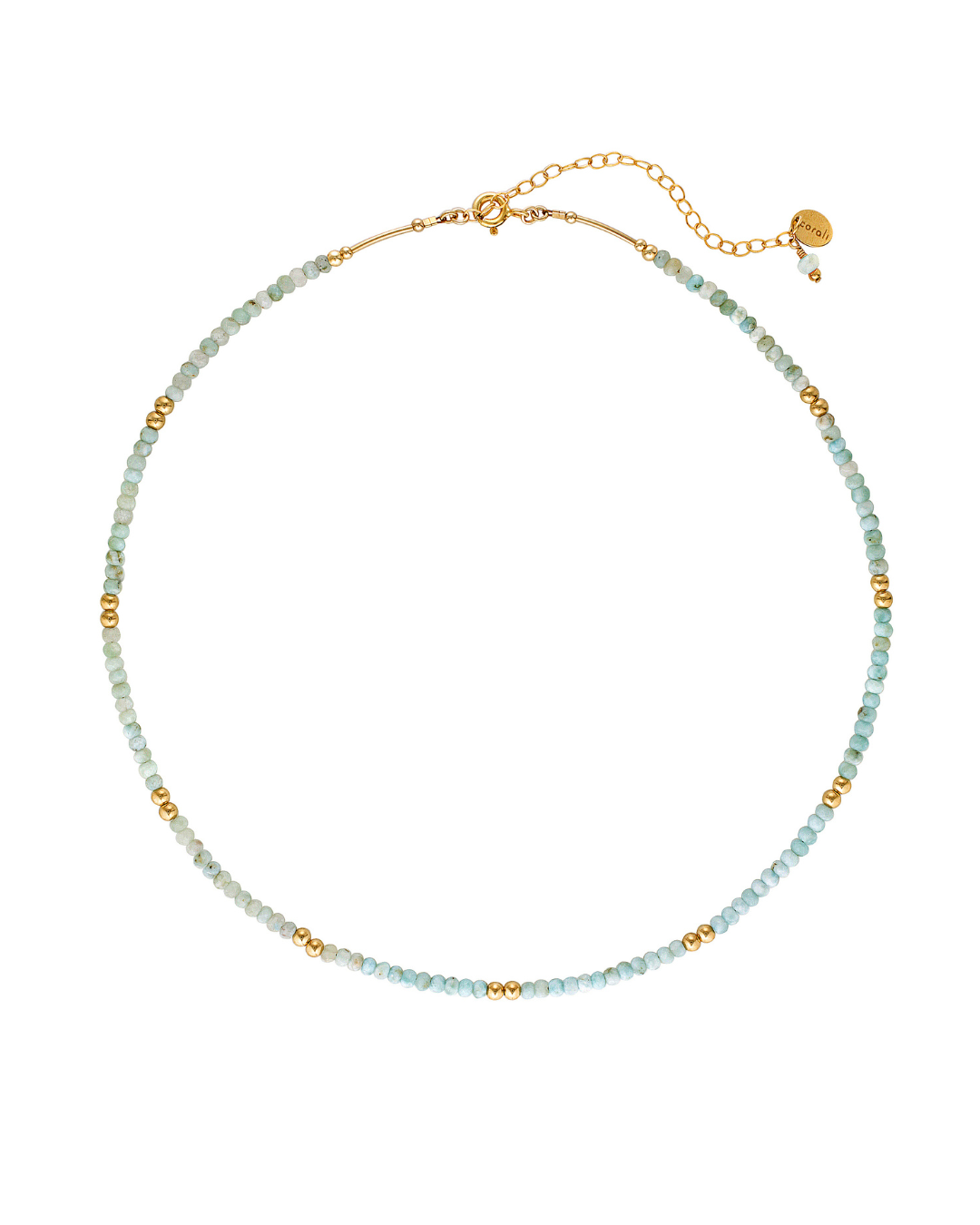 Gold larimar gemstone necklace with on a white background