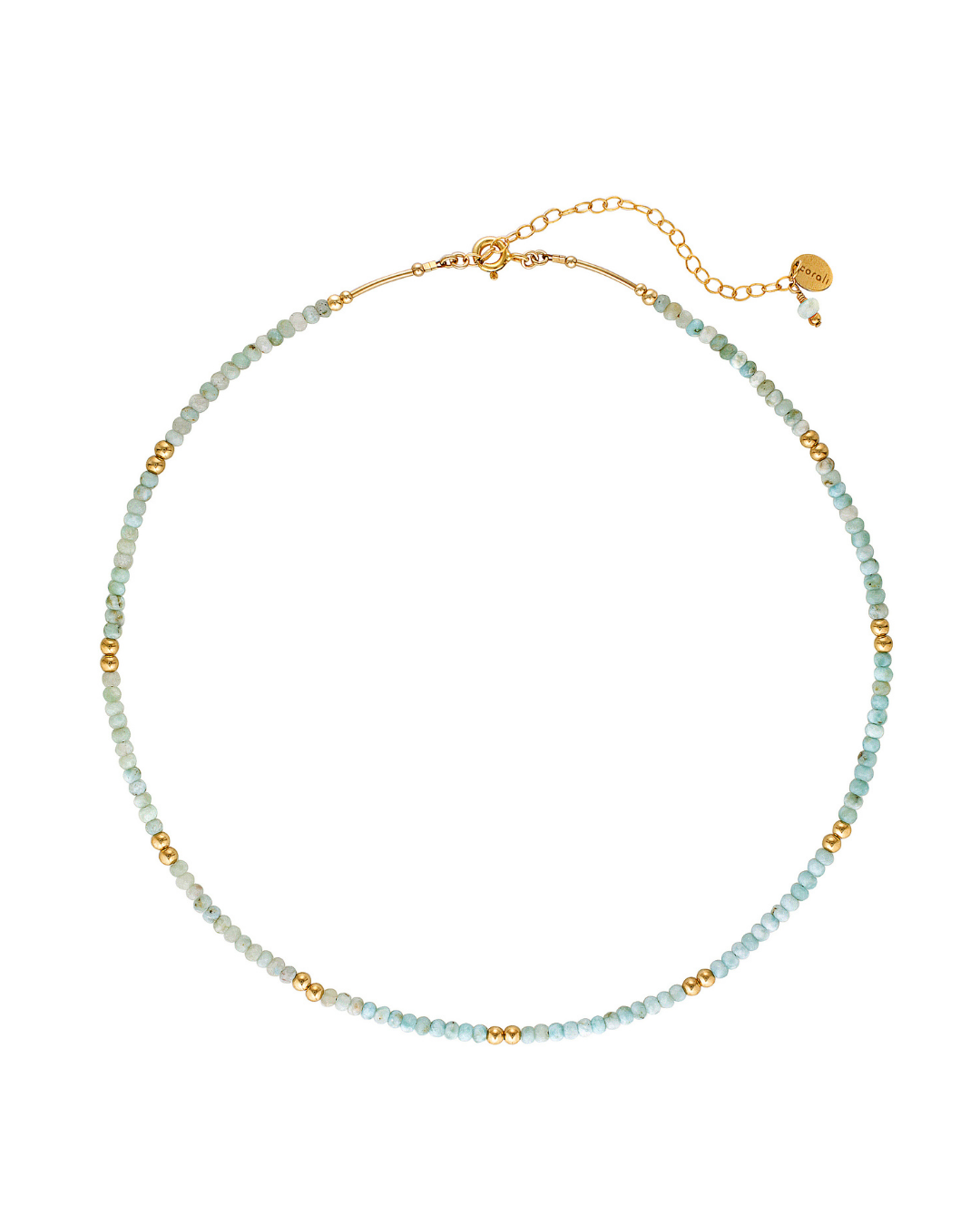 Necklace with light blue larima beads and gold accents on a white background