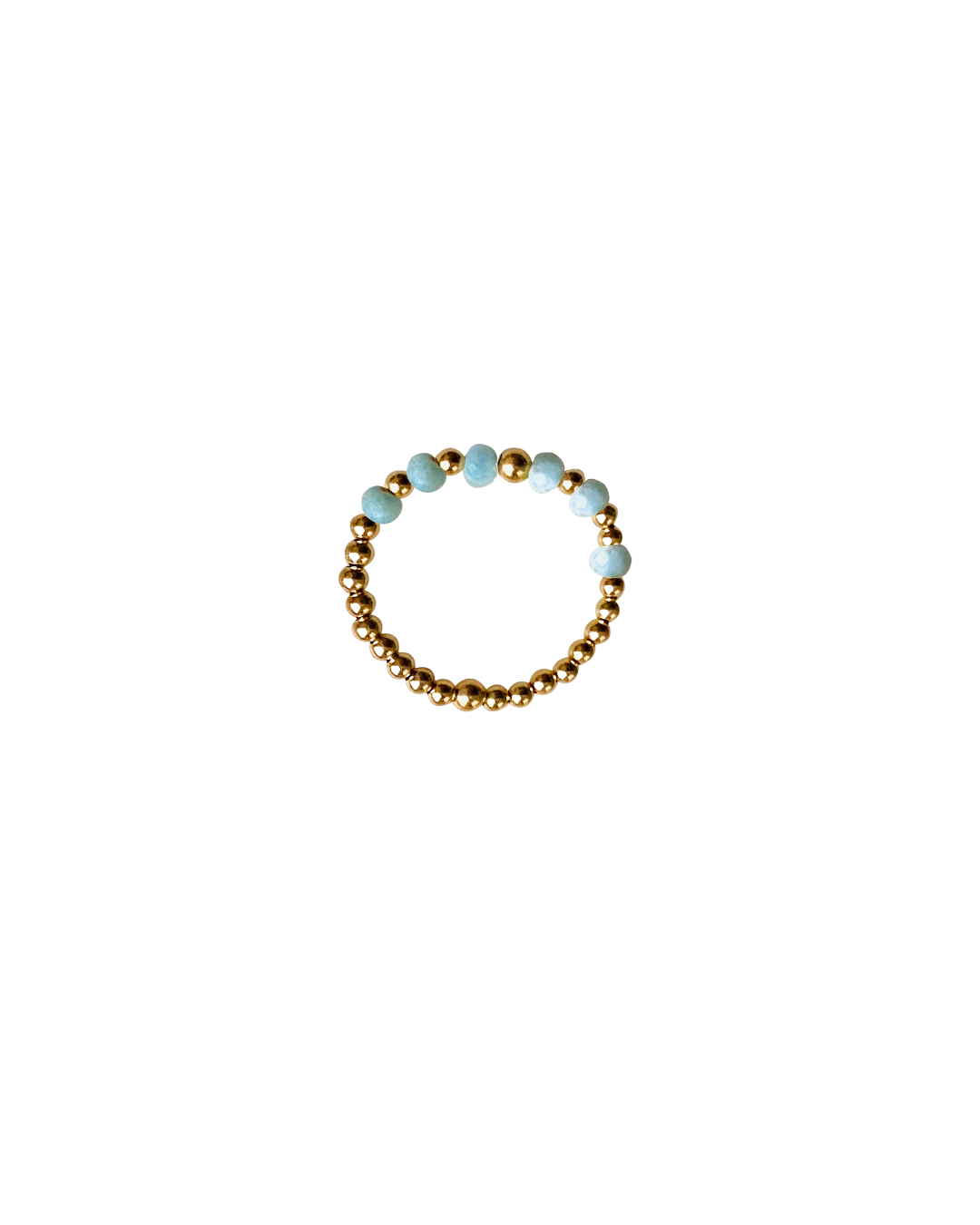 Gold bead and larimar gemstone ring on a white background