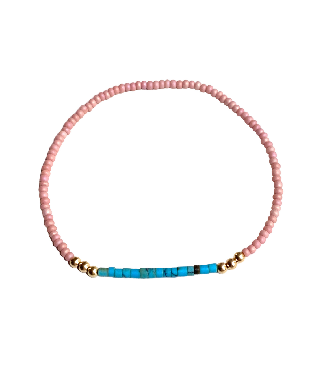 Necklace with pink beads and a turquoise on a white background