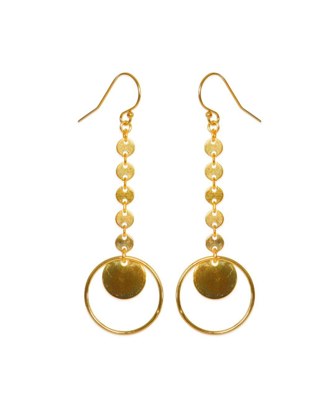 Gold earrings with circular designs on a white background