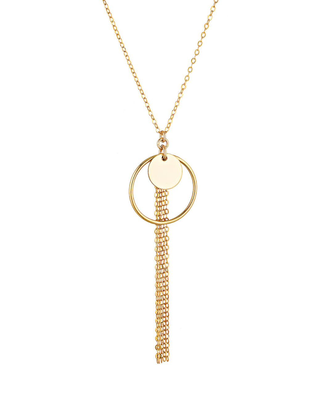 Gold necklace with a circular pendant and chain tassel on a white background