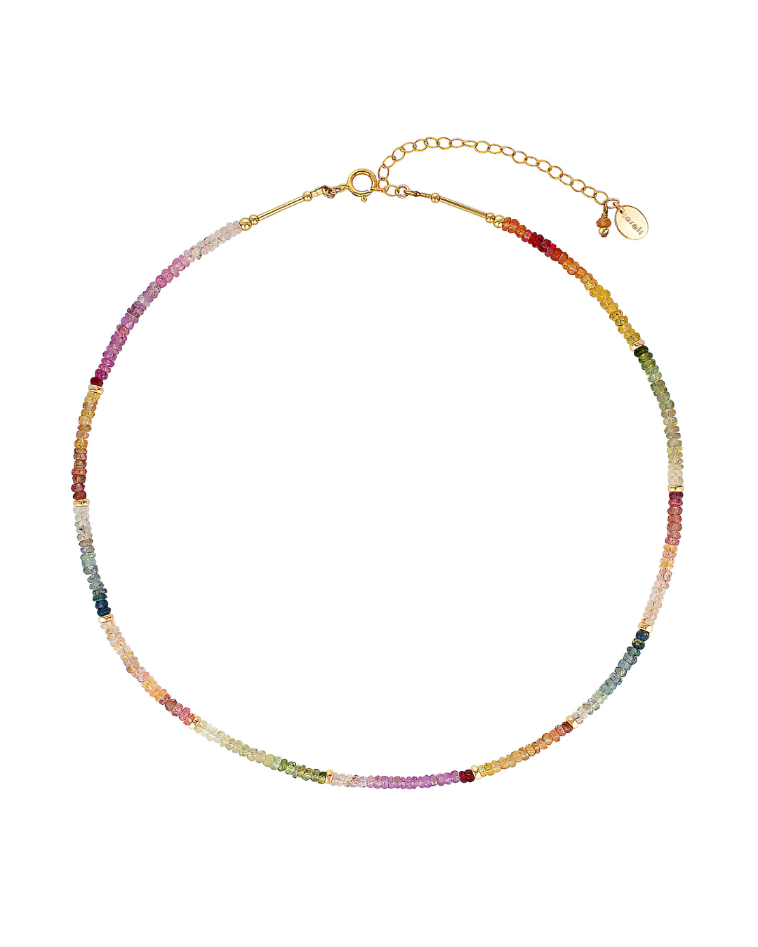 Gold multi coloured sapphire gemstone beaded necklace on a white background