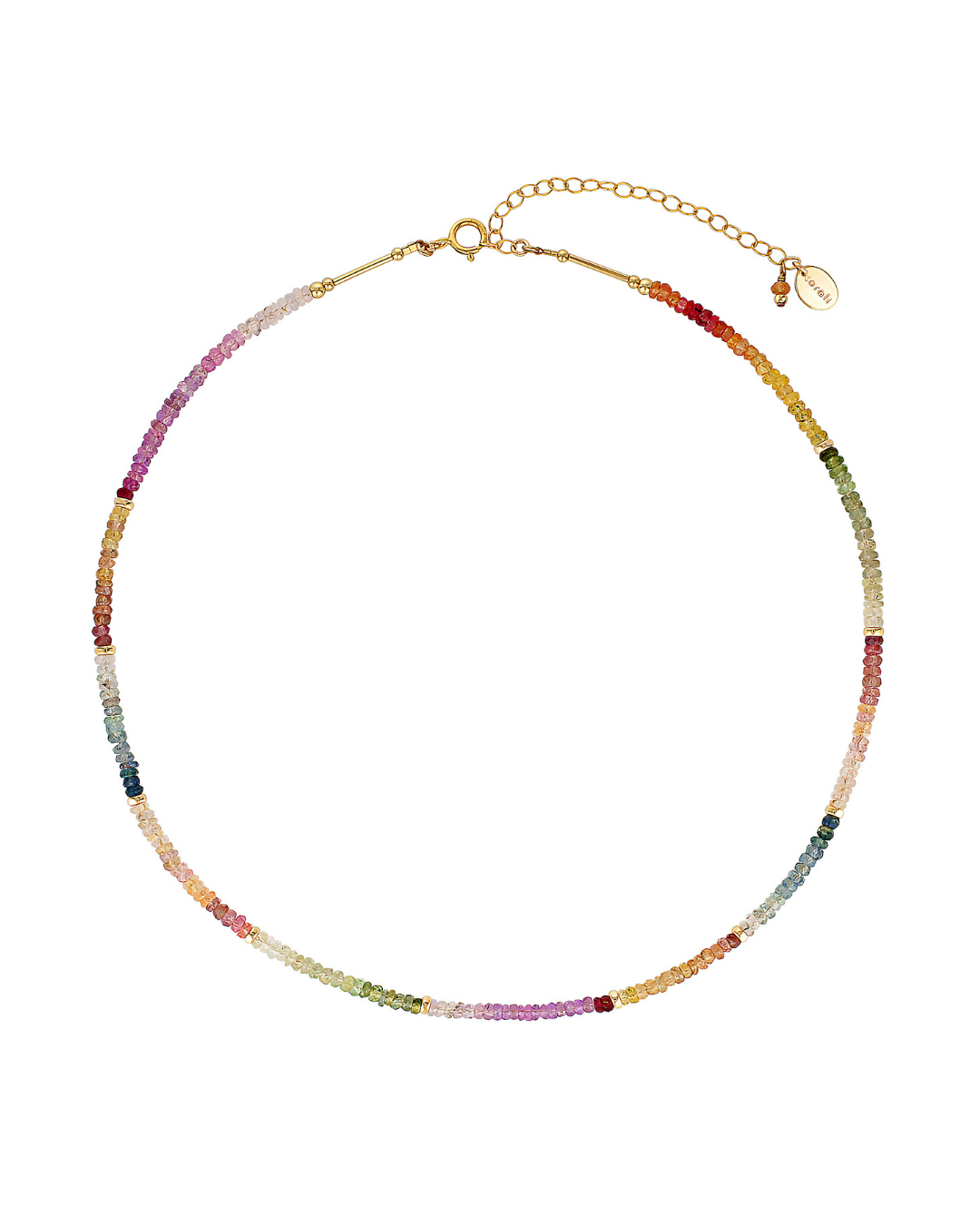 Multicolored beaded sapphire necklace on a white background
