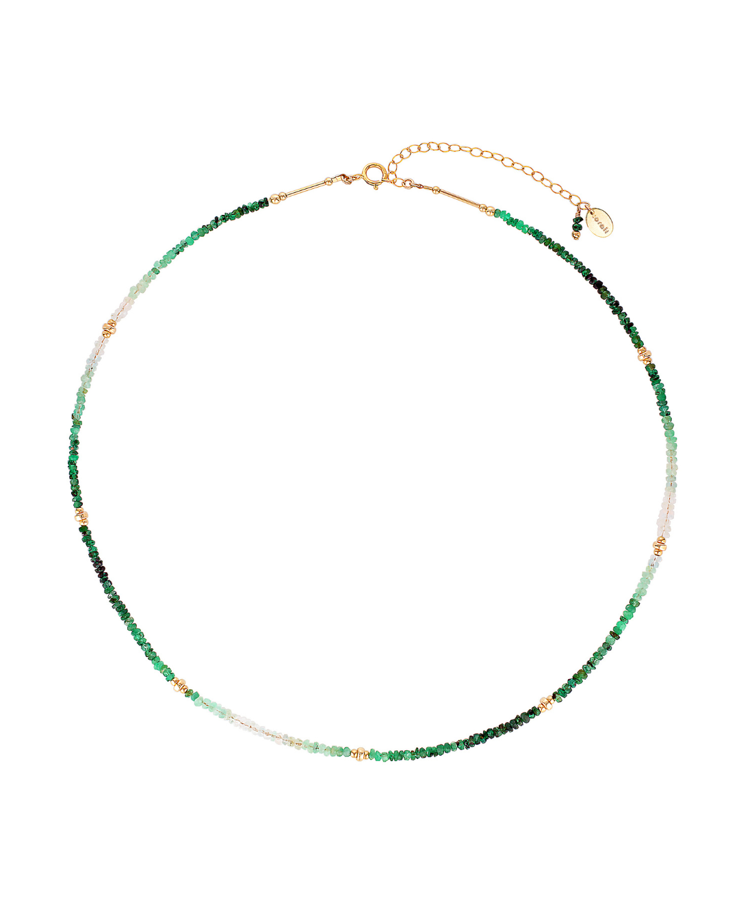 Emerald gemstone gold beaded necklace on a white background