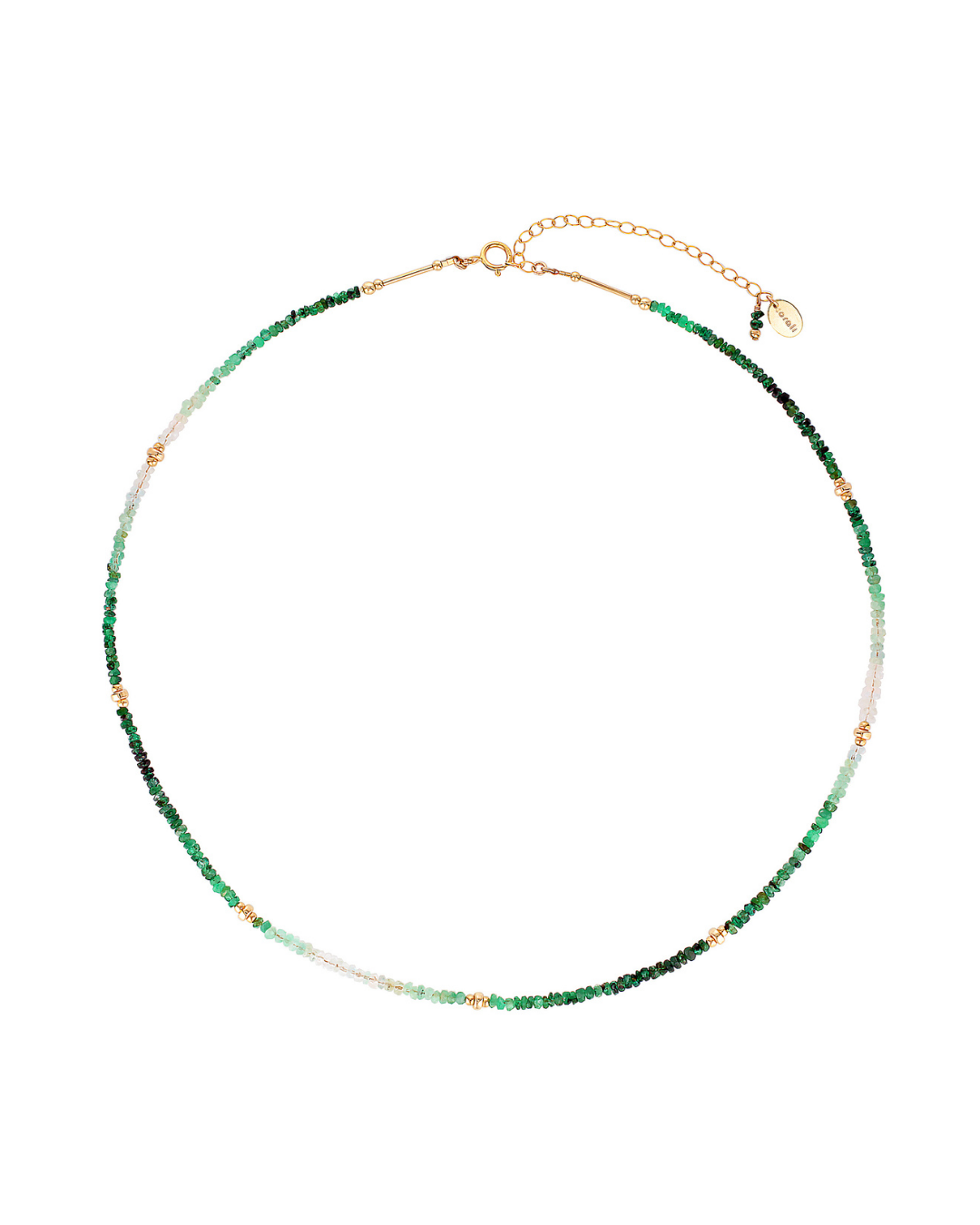 Necklace with green emerald beads on a white background