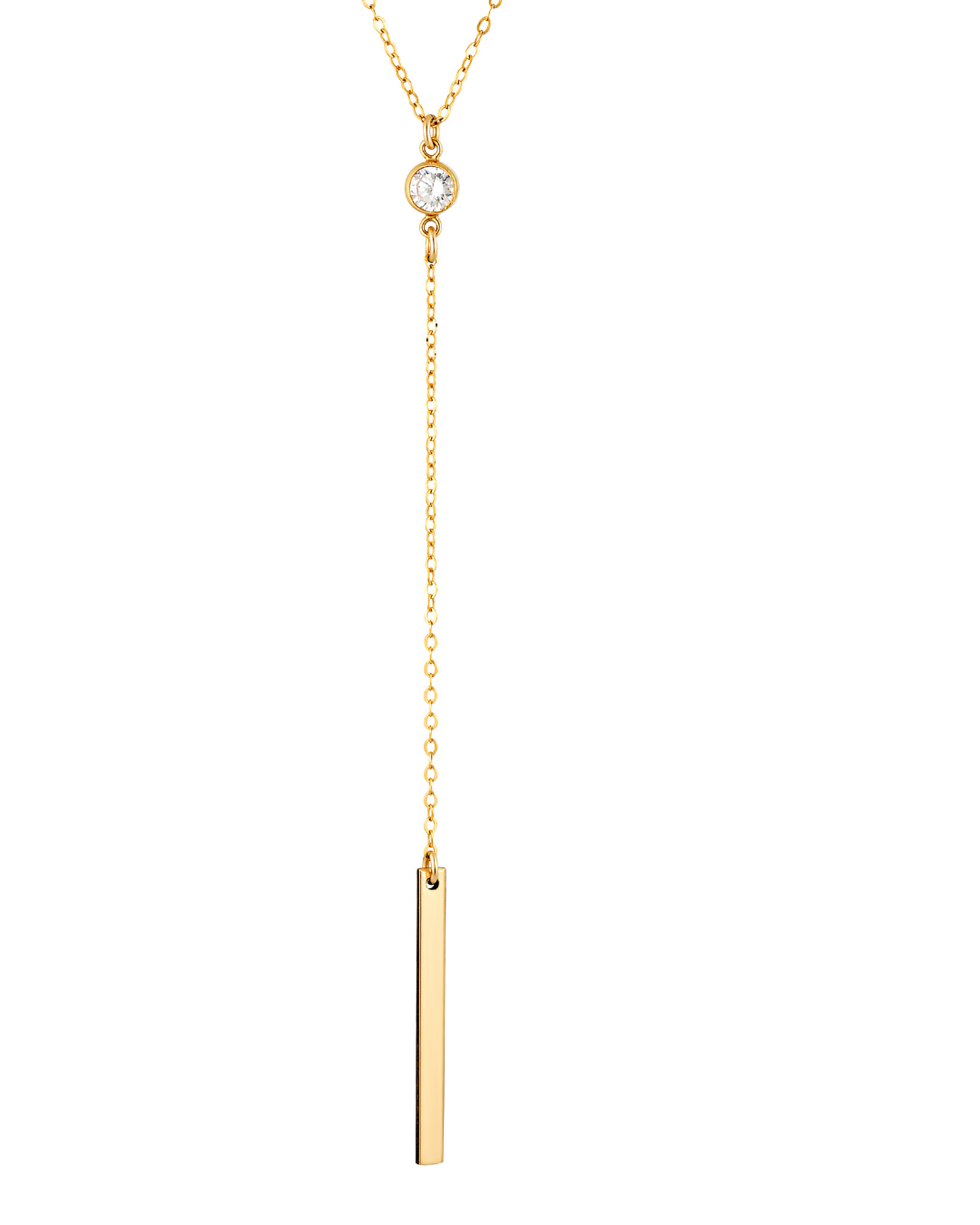 Gold necklace with a vertical bar pendant featuring a cubic zirconia gemstone on a white background
