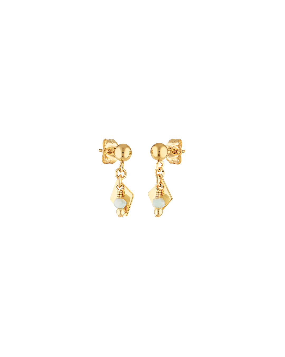 Gold stud drop earrings with larimar gemstones on a white background
